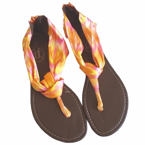 Carrini ❉ Scarf Print Thong Flat Sandals ❉ Orange Pink Tie Dye ❉ Size 9 - Picture 3 of 9